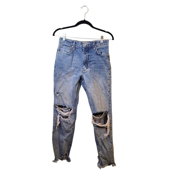 Free People Women's Medium Wash Button Fly Distressed Straight Leg Jeans Size 24 - Picture 1 of 7